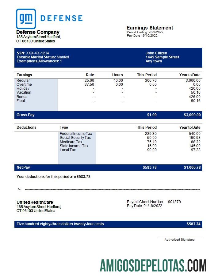 Declaração de ganhos da empresa de defesa em formatos Word e PDF exemplo real